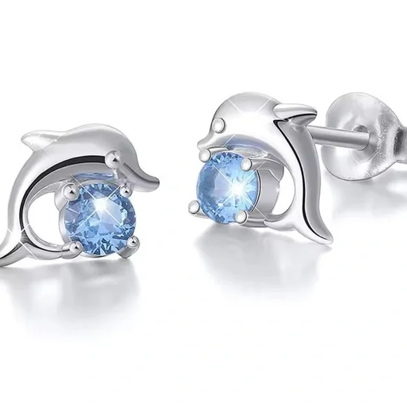 Sterling Silver Dolphin Earrings with Blue Gemstone .925 - Picture 4 of 5